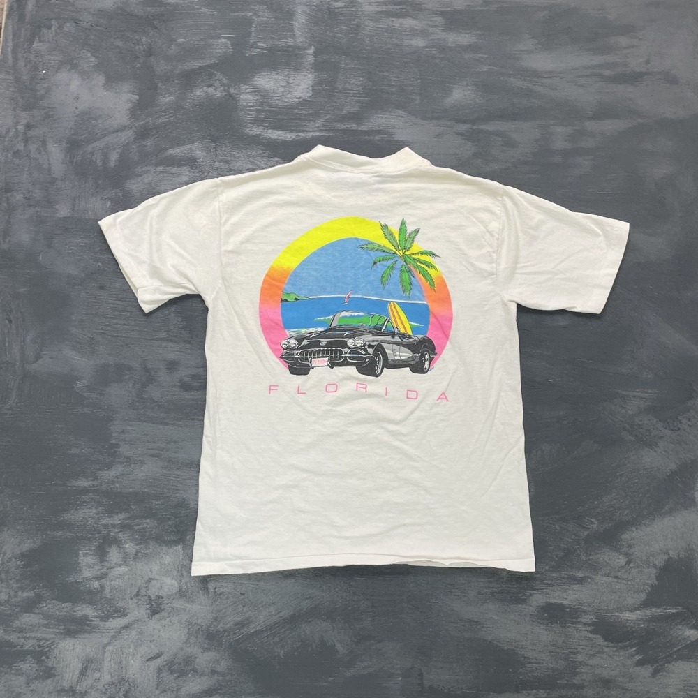 vintage florida convertible car beach shirt mens Medium white 1990s USA